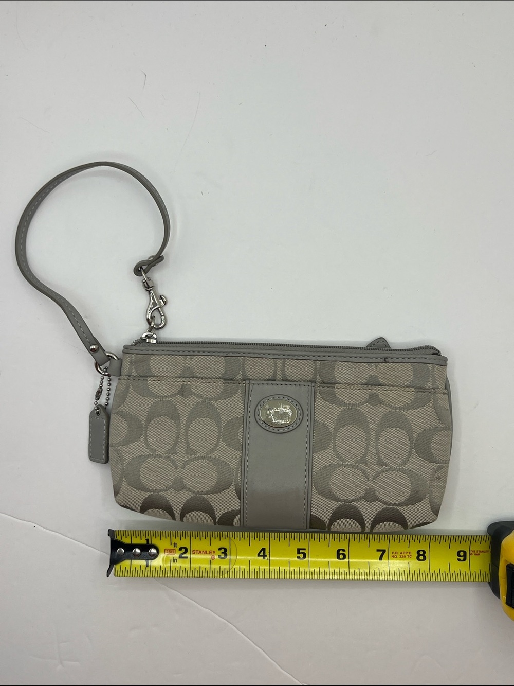 Coach Gray Signature Canvas Wristlet with Leather Trim